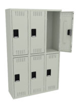 A beige metal locker set with six compartments arranged in two rows of three. One locker door is open, revealing an empty interior. Each door has a black handle and ventilation slots.