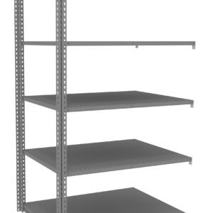 A metal shelving unit with five empty, evenly spaced shelves. The structure has a simple design with vertical and horizontal metal beams, suitable for storage in a garage or warehouse.