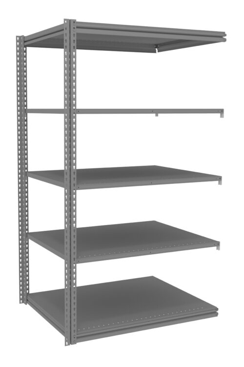 A metal shelving unit with five empty, evenly spaced shelves. The structure has a simple design with vertical and horizontal metal beams, suitable for storage in a garage or warehouse.