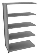 Metal shelving unit with five rectangular, evenly spaced shelves. The shelves are supported on the left side by a vertical metal panel, with open space on the other sides. The unit is angled slightly to the left.