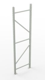 A metal shelving frame with vertical and diagonal bars standing upright on a white background. The frame has multiple holes for adjustable shelving placement.