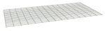 A rectangular metal grid panel with evenly spaced horizontal and vertical lines, forming a lattice pattern. The panel is viewed at an angle, showcasing its thin structure and light gray color.