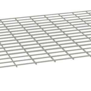 A rectangular metal grid panel with evenly spaced horizontal and vertical lines, forming a lattice pattern. The panel is viewed at an angle, showcasing its thin structure and light gray color.