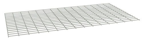 A rectangular metal grid panel with evenly spaced horizontal and vertical lines, forming a lattice pattern. The panel is viewed at an angle, showcasing its thin structure and light gray color.