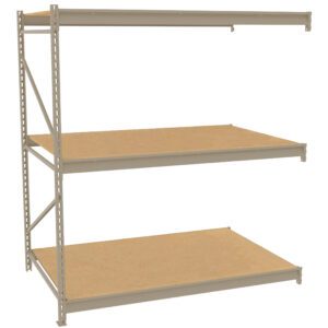 Industrial metal shelving unit with three wooden shelves. The frame is light gray with a simple and open design, suitable for storage or organization purposes. The shelves are evenly spaced and supported by metal brackets.