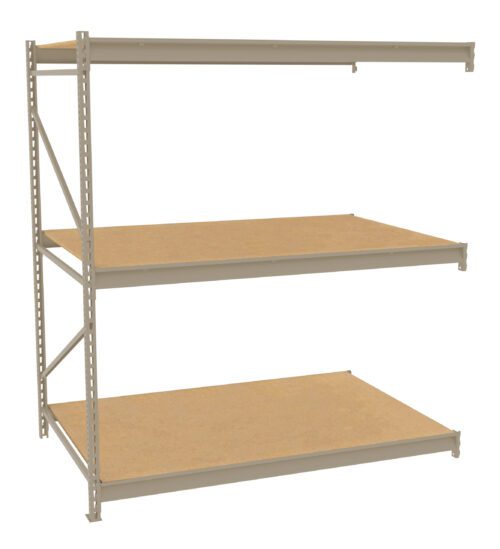 Industrial metal shelving unit with three wooden shelves. The frame is light gray with a simple and open design, suitable for storage or organization purposes. The shelves are evenly spaced and supported by metal brackets.