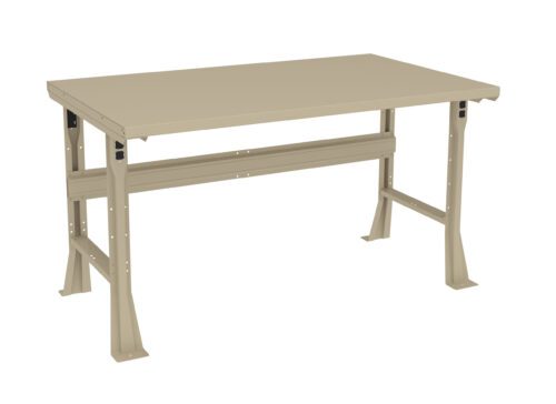 zy2ipzinuffmscqxllsc.jpg A beige rectangular metal workbench with adjustable-height legs and a flat tabletop, set against a plain white background.
