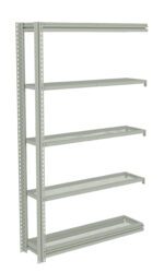 A tall, gray metal shelving unit with five perforated shelves. The unit stands against a plain background, showing its minimalist design and sturdy construction, suitable for storage or organizational purposes.
