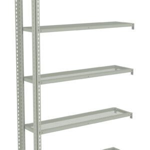 A tall, gray metal shelving unit with five perforated shelves. The unit stands against a plain background, showing its minimalist design and sturdy construction, suitable for storage or organizational purposes.