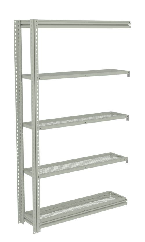 A tall, gray metal shelving unit with five perforated shelves. The unit stands against a plain background, showing its minimalist design and sturdy construction, suitable for storage or organizational purposes.