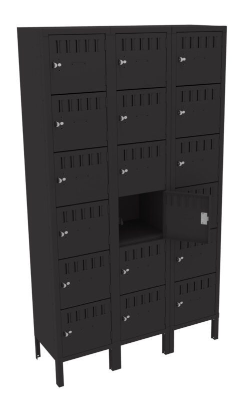 zyrnwkrfyxggn1jvdhah.jpg Black metal locker unit with three columns and five rows, featuring small compartments. Each compartment has a handle and a lock. One compartment in the middle row is open, showing an empty interior.