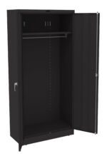 A black, open wardrobe with a hanging rail and perforated panel inside. The right door is fully open, and the left door is partially closed. The wardrobe has a simple, modern design.