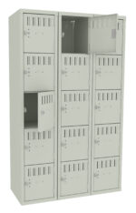 A large, light gray locker unit with three columns and four rows. Each locker has ventilation slots, a locking mechanism, and two of the lockers are shown open, revealing empty interiors.