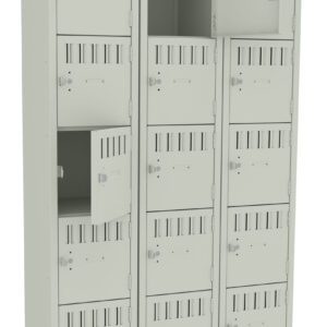 A large, light gray locker unit with three columns and four rows. Each locker has ventilation slots, a locking mechanism, and two of the lockers are shown open, revealing empty interiors.