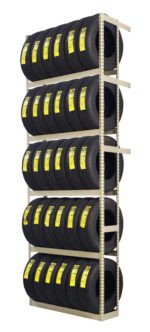 A tall, metal shelving unit holds multiple rows of neatly stacked, black tires. Each tire has a yellow label, and there are five rows in total. The tires are aligned horizontally, filling the shelves completely.
