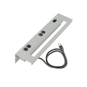 Metallic power strip with a rectangular shape, featuring four brown outlets and a black power cord. The cord has a three-pronged plug. A red power switch is visible near the top corner. The strip has mounting brackets on the sides.