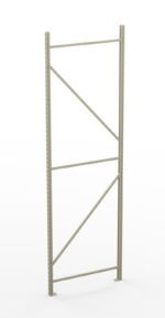 Tall, beige metal shelving frame with vertical perforated beams and diagonal support bars, standing on a white background. No shelves are attached.