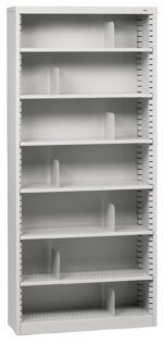 A tall metal shelving unit with seven adjustable shelves and dividers. The shelves are empty and evenly spaced, with vertical slits on the sides for customization. The unit is gray and has a simple, industrial design.