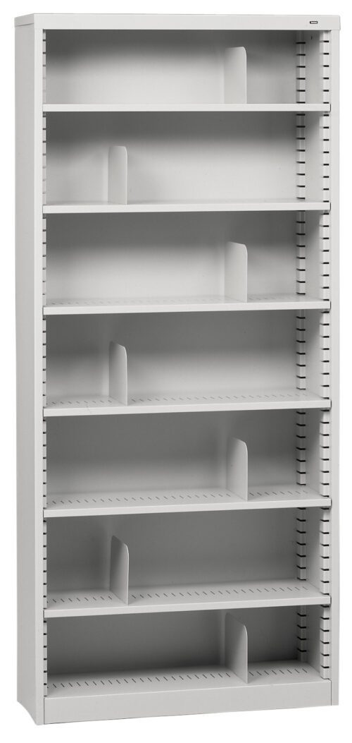 A tall metal shelving unit with seven adjustable shelves and dividers. The shelves are empty and evenly spaced, with vertical slits on the sides for customization. The unit is gray and has a simple, industrial design.