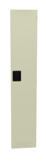 A tall, beige electrical panel door with a black rectangular handle in the center. The door features ventilation slits at the top and bottom. The background is plain white.