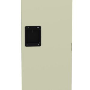 A tall, beige electrical panel door with a black rectangular handle in the center. The door features ventilation slits at the top and bottom. The background is plain white.