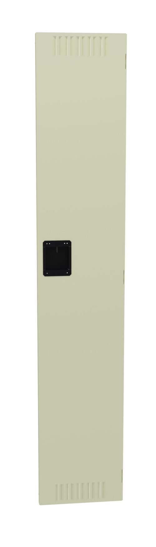 A tall, beige electrical panel door with a black rectangular handle in the center. The door features ventilation slits at the top and bottom. The background is plain white.