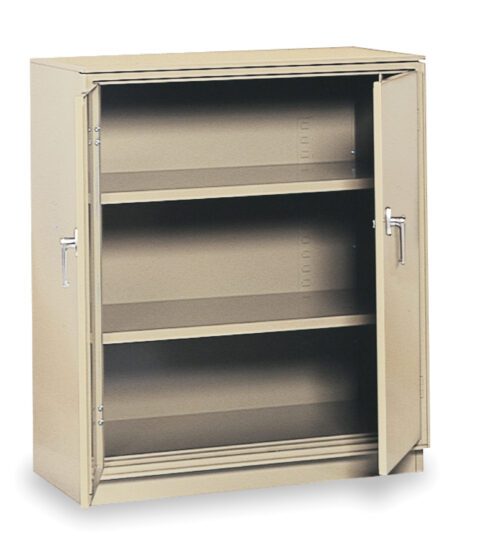A beige metal cabinet with two adjustable shelves and two open doors stands against a plain white background, epitomizing Equipto Storage Solutions. Its simple, functional design is ideal for efficient workspace organization, offering customizable shelving systems to suit your needs.