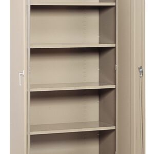 A tall beige metal storage cabinet with an open door, revealing four adjustable shelves inside. The door has a handle and a lock mechanism. The cabinet stands on the floor against a plain white background.