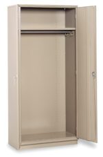 A tall, beige metal storage cabinet reminiscent of medsafe cabinets stands on a plain, white background, one door ajar. Inside, it features a single shelf at the top and a hanging rod below.