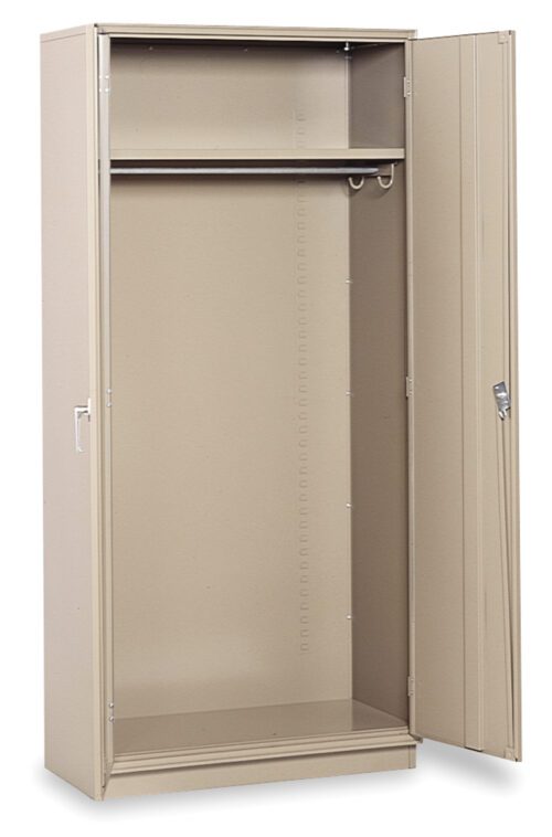 001712001.jpg A tall, beige metal storage cabinet reminiscent of medsafe cabinets stands on a plain, white background, one door ajar. Inside, it features a single shelf at the top and a hanging rod below.