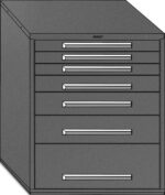 A digital illustration of a metal cabinet with seven drawers. The cabinet is a dark gray color, with each drawer featuring a sleek horizontal handle. The perspective shows the left side and the front of the structure.