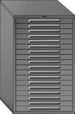 Illustration of a tall, gray metal filing cabinet with 16 horizontal drawers. Each drawer has a slim metal handle. The cabinet is shown from the front angle.