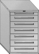 Illustration of a metal filing cabinet with seven horizontal drawers. The cabinet has a sleek design, with a small label holder on each drawer. Its shown from an angled side view, emphasizing its depth and structure.
