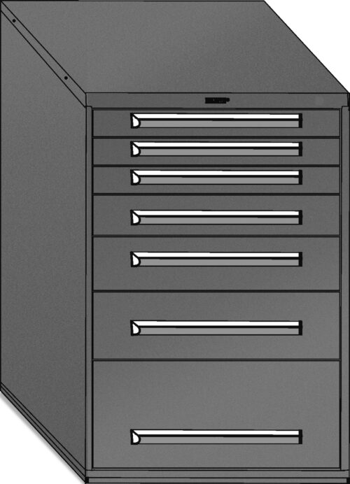 004414.jpg Illustration of a gray metal storage cabinet with six horizontal drawers of varying sizes. The cabinet has a rectangular shape with a slanted top, and each drawer features a sleek, long handle.