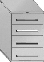 Illustration of a four-drawer filing cabinet with a metallic finish. The cabinet is shown from an angle, highlighting the horizontal handles and a lock above the top drawer.