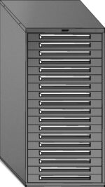 Illustration of a tall, rectangular metal cabinet with multiple horizontal drawers, each featuring a sleek handle. The cabinet is slightly angled, showing depth and a smooth, modern design.