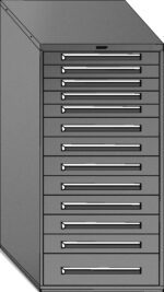 A tall, gray metal filing cabinet with multiple drawers. Each drawer is equipped with a handle for easy access. The cabinet is angled to show its depth and structure.