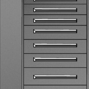 Illustration of a tall, gray metal cabinet with ten drawers, each featuring a sleek handle. The cabinet has a rectangular shape and appears sturdy, likely used for organizing and storing items efficiently.