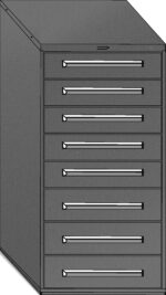 A gray, metallic filing cabinet with eight horizontal drawers, each featuring a sleek handle. The cabinet has a simple, modern design, and is slightly angled to the left.