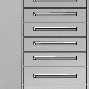 Illustration of a gray, metal filing cabinet with seven drawers. The cabinet is slightly slanted at the top and features sleek, horizontal handles on each drawer, giving it a modern, industrial appearance.
