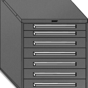 Illustration of a gray metal cabinet with six drawers. Each drawer has a thin rectangular handle, and the cabinet has a slanted top. The design appears functional for storage purposes.
