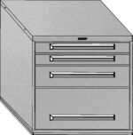 A black and white illustration of a filing cabinet with four horizontal drawers of varying sizes. The top three drawers are smaller, while the bottom drawer is larger. The cabinet has a flat top and a minimalist design.