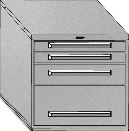 004442.jpg A black and white illustration of a filing cabinet with four horizontal drawers of varying sizes. The top three drawers are smaller, while the bottom drawer is larger. The cabinet has a flat top and a minimalist design.
