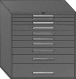 A gray, multi-drawer filing cabinet is shown. It has ten horizontal drawers stacked vertically, each with a sleek metallic handle. The cabinet appears to be designed for organizing documents or files.