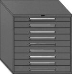 A dark gray metal cabinet with ten horizontal drawers, each featuring a slim silver handle. The cabinet has a slanted top and appears designed for storing flat items like blueprints or artwork.