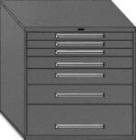Gray metal cabinet with sloped top and five pull-out drawers, featuring horizontal handles. Some drawers are wider, suggesting varied storage space within. The cabinet stands on a flat surface.