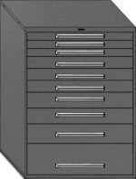 A gray metal cabinet with multiple horizontal drawers, each featuring a slim, silver handle. The cabinet is designed for storage, and the drawers appear uniform in size and stacked vertically.
