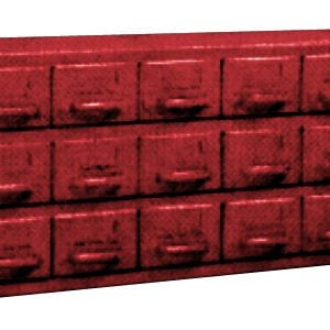 Red vintage library card catalog with three rows of drawers against a white background. The drawers have label holders and handles, giving it a classic and organized appearance.