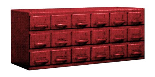 Red vintage library card catalog with three rows of drawers against a white background. The drawers have label holders and handles, giving it a classic and organized appearance.