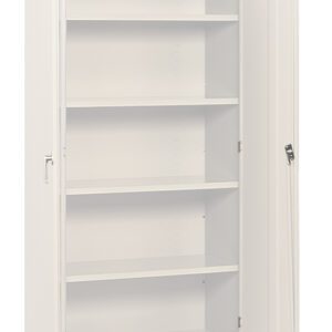 This white metal Hallowell cabinet features four shelves, a sleek handle, and a tall design perfect for storage. With one open door slightly ajar, it reveals a spacious interior ready to organize your essentials efficiently.